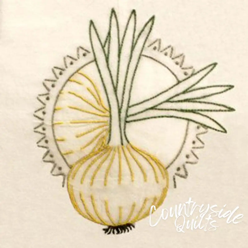 Hand-drawn onion with green shoots from Aunt Martha’s Eight Colorful Vegetable Motifs