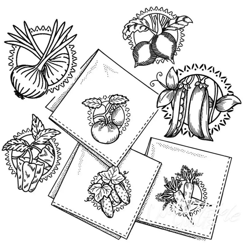 Black and white botanical sketches of colorful vegetable motifs from Aunt Martha’s collection