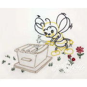Cute cartoon bee near a beehive box from Aunt Martha’s Busy Bee collection