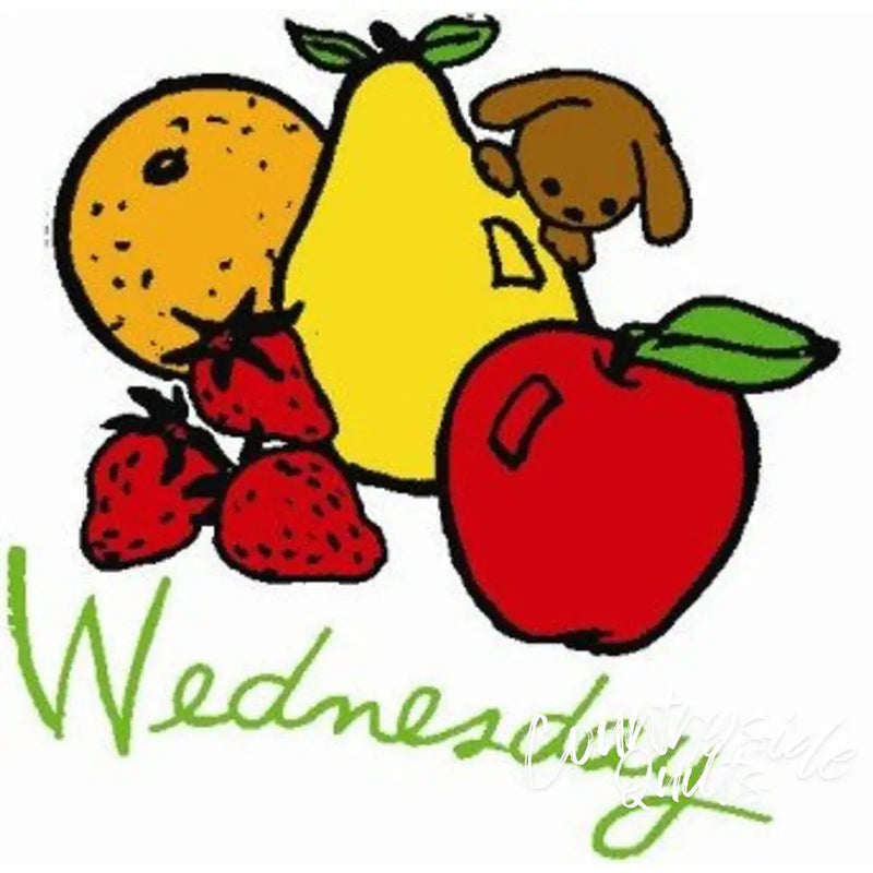 Colorful fruit illustration with Wednesday text, perfect for Aunt Martha’s Kitchen Corner