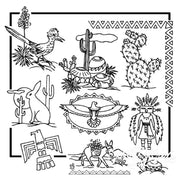 Line art collection of Southwestern themes featuring cacti and pottery by Aunt Martha’s