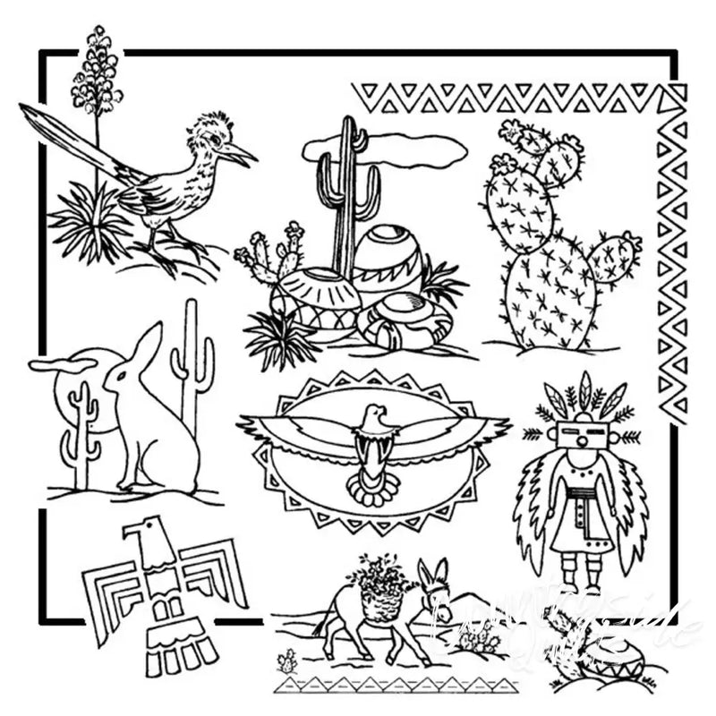Line art collection of Southwestern themes featuring cacti and pottery by Aunt Martha’s