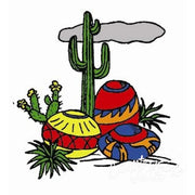 Saguaro cactus with colorful pottery and desert plants in Aunt Martha’s 3853 Southwest design