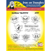 Iron-on transfer pattern sheet showcasing Aunt Martha’s floral teapots designs