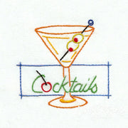Simple line drawing of a martini glass with olives for Aunt Martha’s Happy Hour