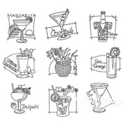 Simple line drawings of cocktails for Aunt Martha’s #4012 Happy Hour collection