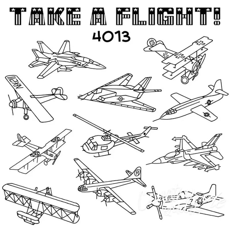 Hand-drawn aircraft sketches in Aunt Martha’s #4013 Take A Flight for quilting projects