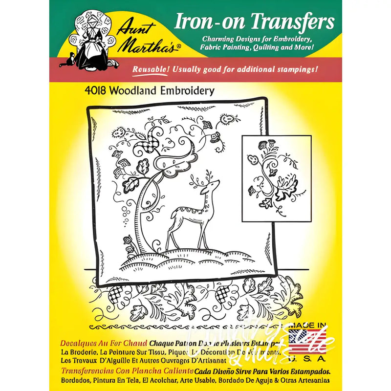 Iron-on transfer pattern of deer with floral vine for Aunt Martha’s Woodland Embroidery