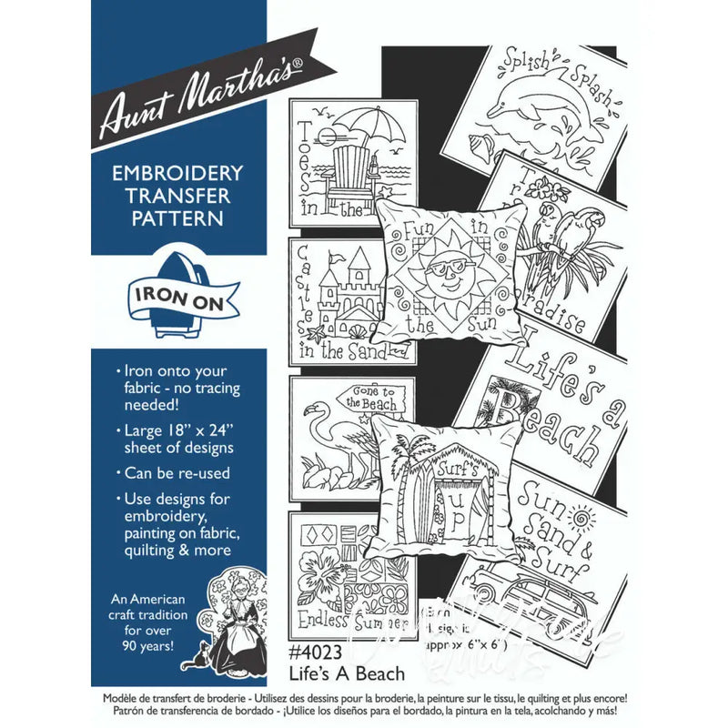 Aunt Martha’s #4023 Life’s A Beach iron-on embroidery transfer pattern featuring beach designs