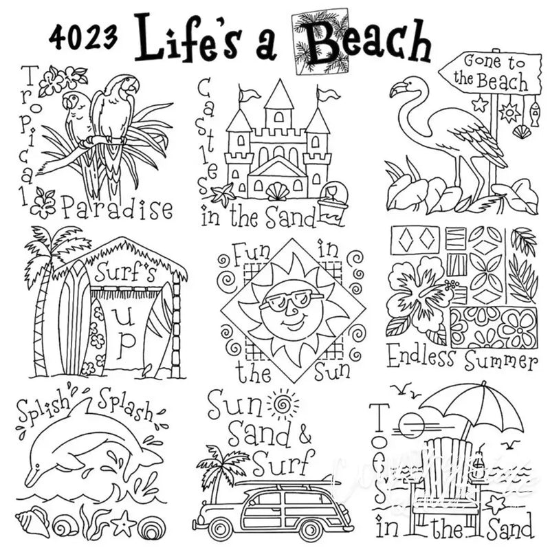 Beach-themed line drawings of palm trees and surfboards from Aunt Martha’s #4023 collection