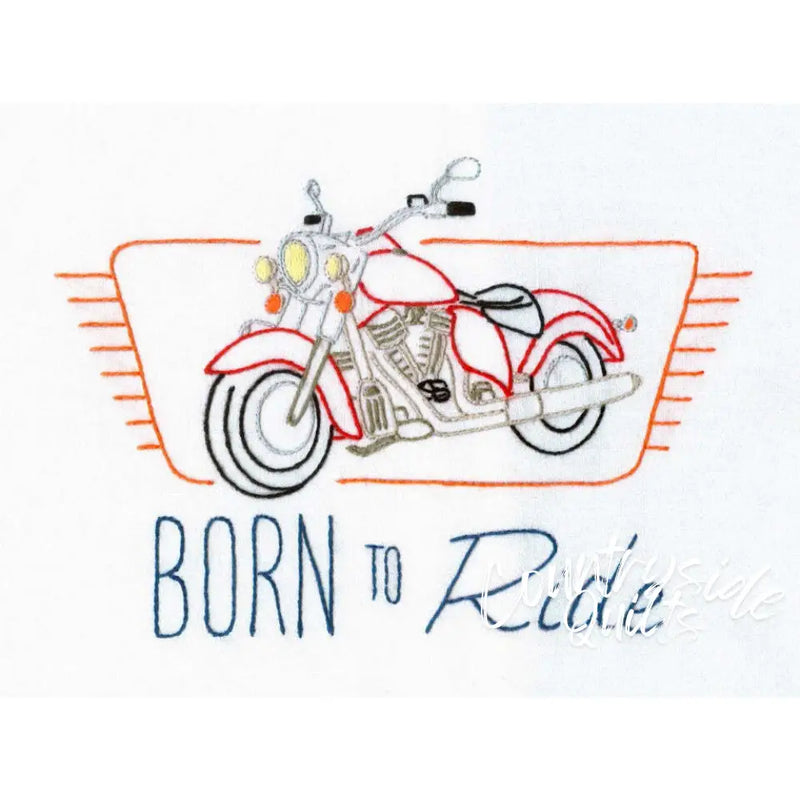 Hand-drawn red motorcycle illustration with text Born To Ride for Aunt Martha’s Big Wheels