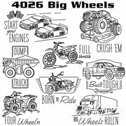 Collection of Aunt Martha’s Big Wheels vehicle-themed illustrations with text labels