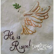 Embroidered dove with He is Risen text and leaf design from Aunt Martha’s Christian Blessings