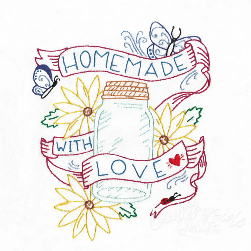 Hand-drawn mason jar illustration with flowers, butterflies, and Aunt Martha’s message