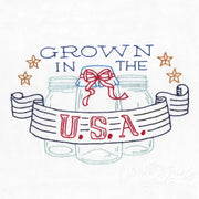 Hand-drawn illustration of Aunt Martha’s Well Preserved mason jars with patriotic banner