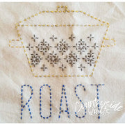 Embroidered casserole dish showcasing Sashiko Japanese embroidery with snowflake patterns