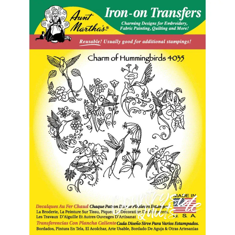 Iron-on transfer sheet of Aunt Martha’s Charm of Hummingbirds for countryside quilts