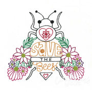Hand-drawn illustration of a bee with flowers and Save the Bees text on Aunt Martha’s Buzzing Bees embroidery transfer pattern