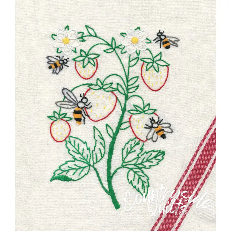 Embroidered Strawberry Plant with Bees and Daisies from Aunt Martha’s Buzzing Bees Pattern