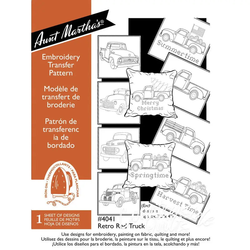 Vintage embroidery iron-on transfer featuring Aunt Martha’s retro red pickup designs