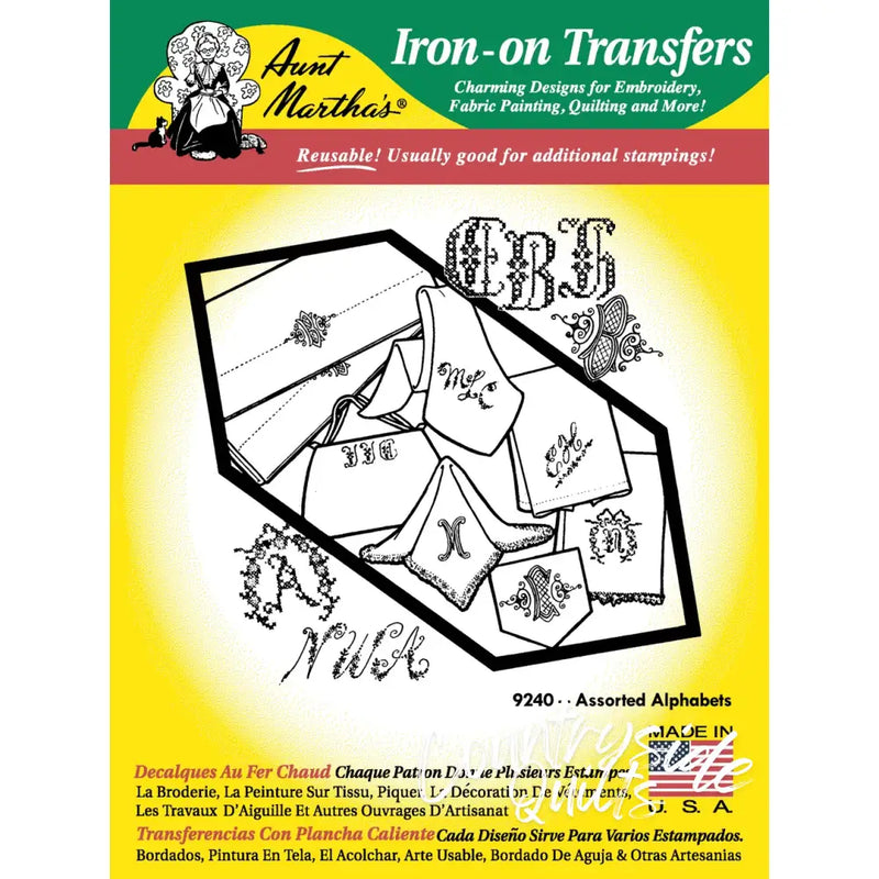 Iron-on transfer pattern sheet of Aunt Martha’s assorted alphabets in various decorative designs