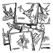 Black and white sketch of calendar pages with birds for Aunt Martha’s countryside quilts
