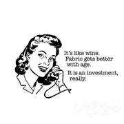 Retro illustration of a woman on a phone, highlighting Aunt Martha’s Dirty Laundry wine fabric