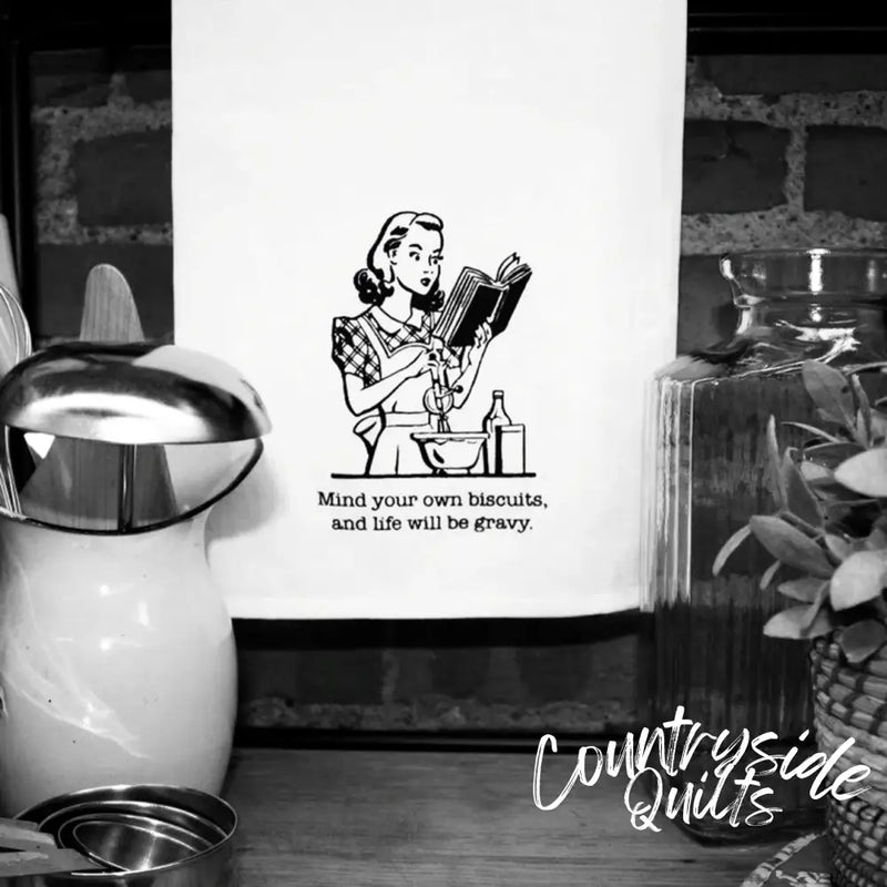 White mug with vintage-style illustration for Aunt Martha’s Dirty Laundry gravy tea
