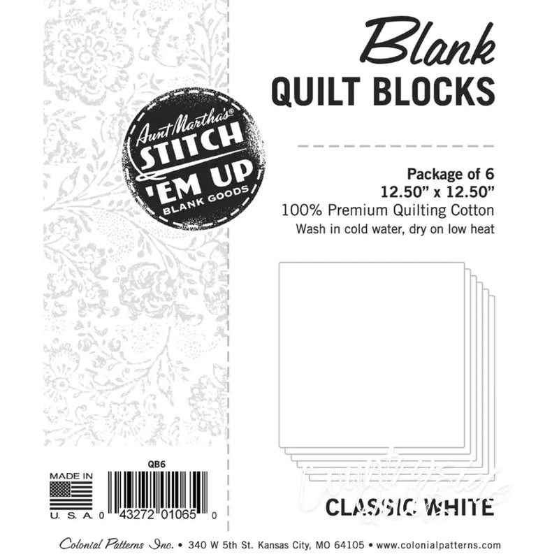 Package of six Aunt Martha’s precut blank quilt blocks with classic white design