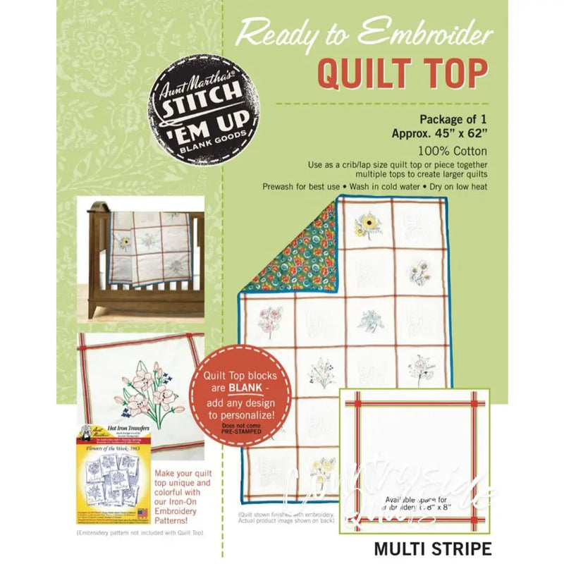 Ready-to-embroider quilt top pattern with Aunt Martha’s Quilting Fabric multi stripe print