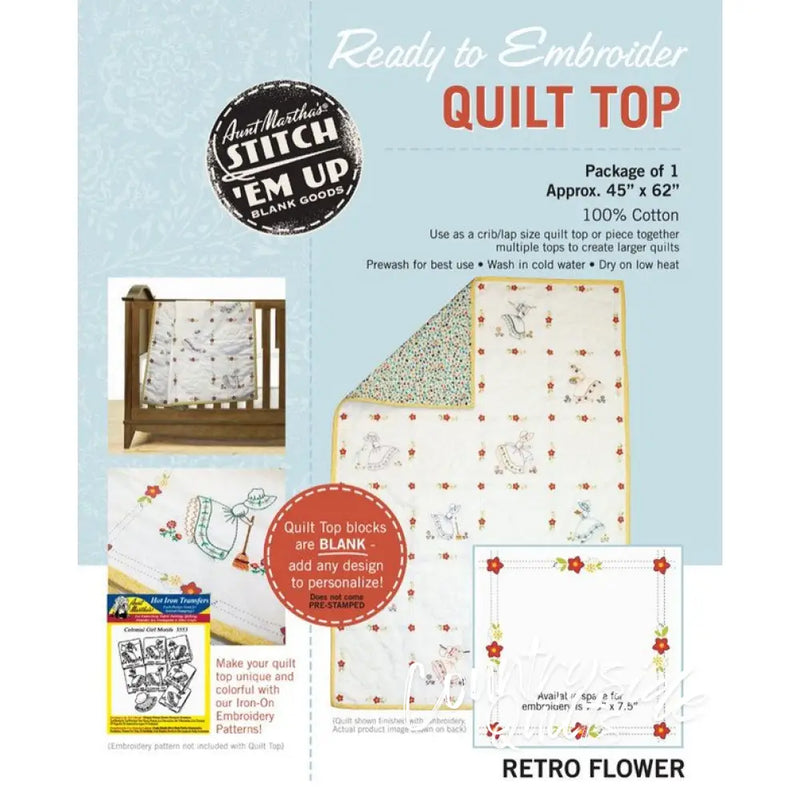 Ready-to-embroider quilt top featuring Aunt Martha’s Quilting Retro Flower Print design