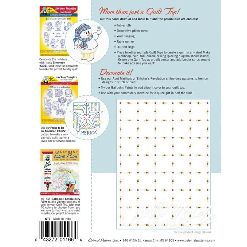 Back cover of Aunt Martha’s Quilting book showcasing designs and Retro Flower Print