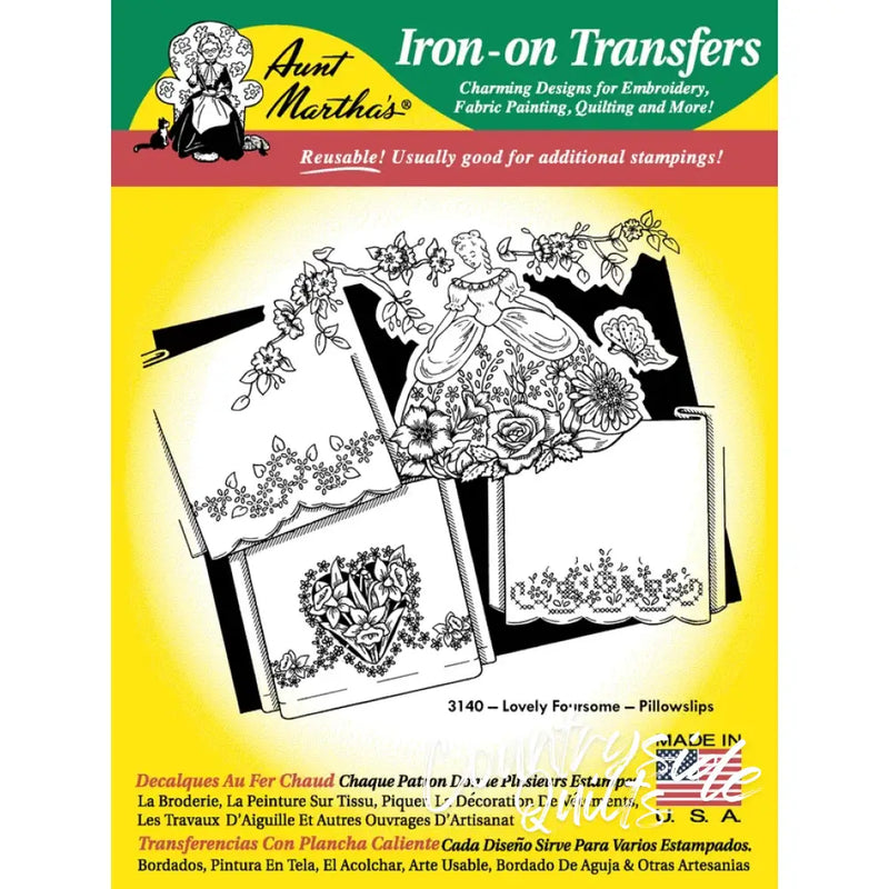 Iron-on transfer pattern sheet with floral designs for Aunt Martha’s® lovely foursome pillowcases and countryside quilts
