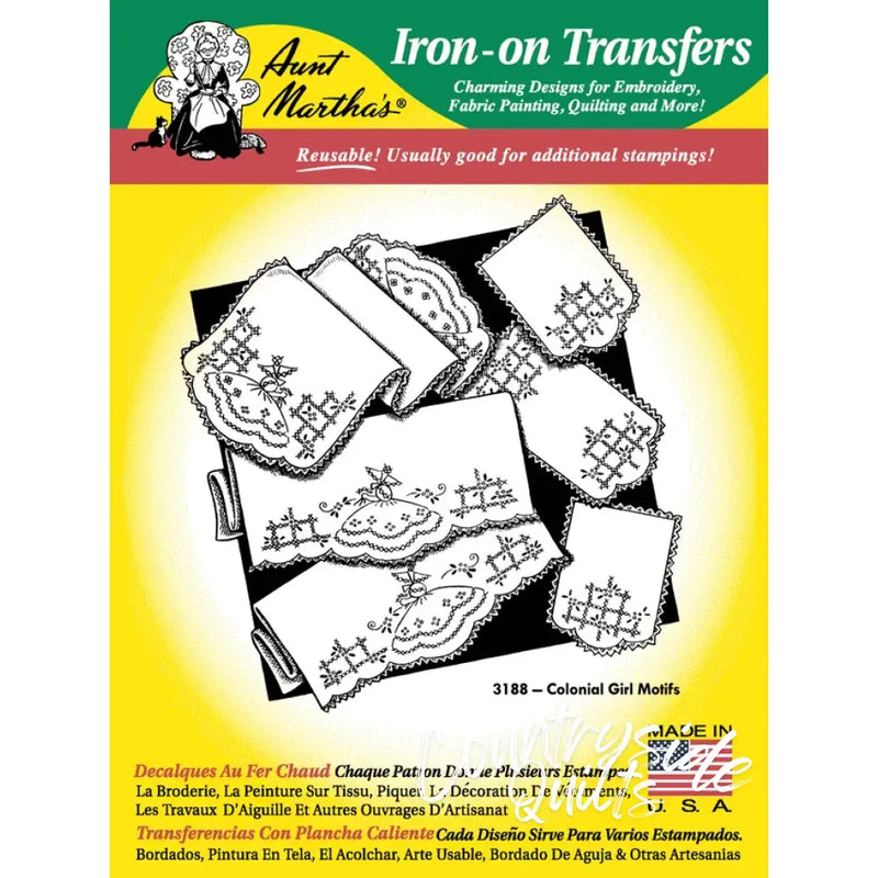 Vintage iron-on transfer pattern with colonial girl motifs for countryside quilts by Aunt Martha’s®