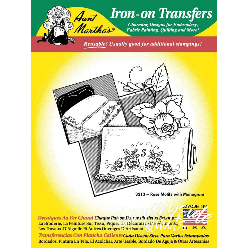 Iron-on transfer pattern with rose motifs and monograms from Aunt Martha’s® for countryside quilts