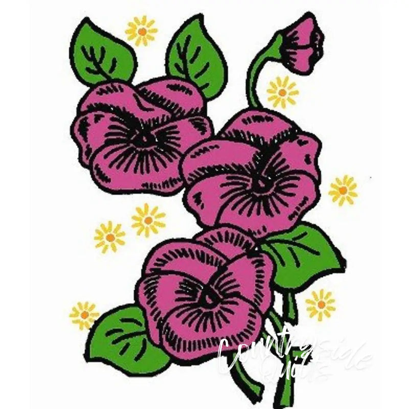 Pink pansies with green leaves and yellow stars floral motifs for Aunt Marthas® compare select