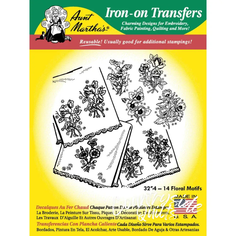 Aunt Martha’s® #3254 14 Floral Motifs iron-on transfer sheet with floral motifs design