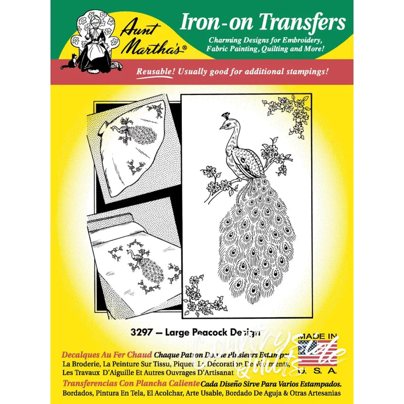 Iron-on transfer pattern featuring Aunt Martha’s® large peacock design with ornate tail