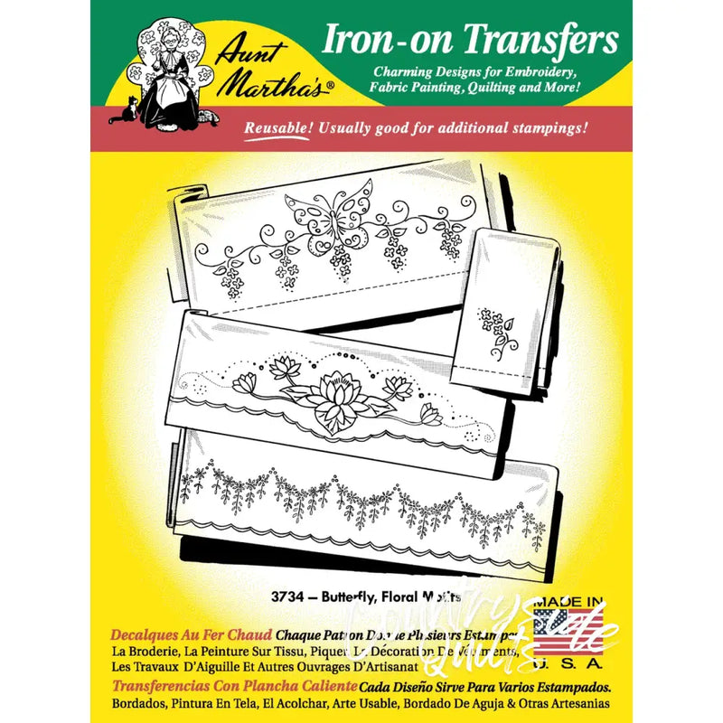 Aunt Martha’s® iron-on transfers featuring floral motifs and butterfly & floral designs