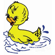 Cartoon yellow duckling swimming on countryside quilts in Aunt Martha’s® Baby Animals collection