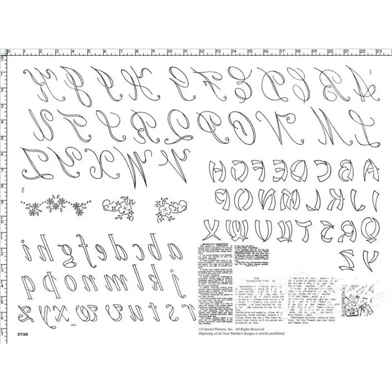 Vintage alphabet embroidery patterns from Aunt Marthas® featuring countryside quilts and letters measure
