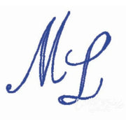 Blue handwritten monogram from Aunt Martha’s® for countryside quilts with adjustable letter measure