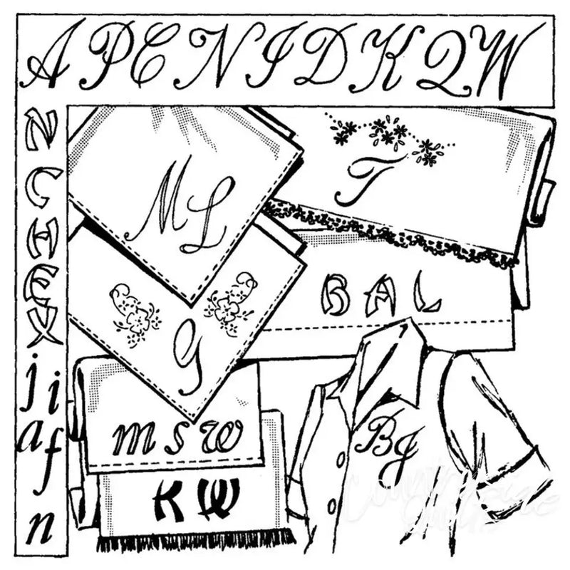 Aunt Martha’s® Monogrammed handkerchief and clothing assortment with countryside quilts