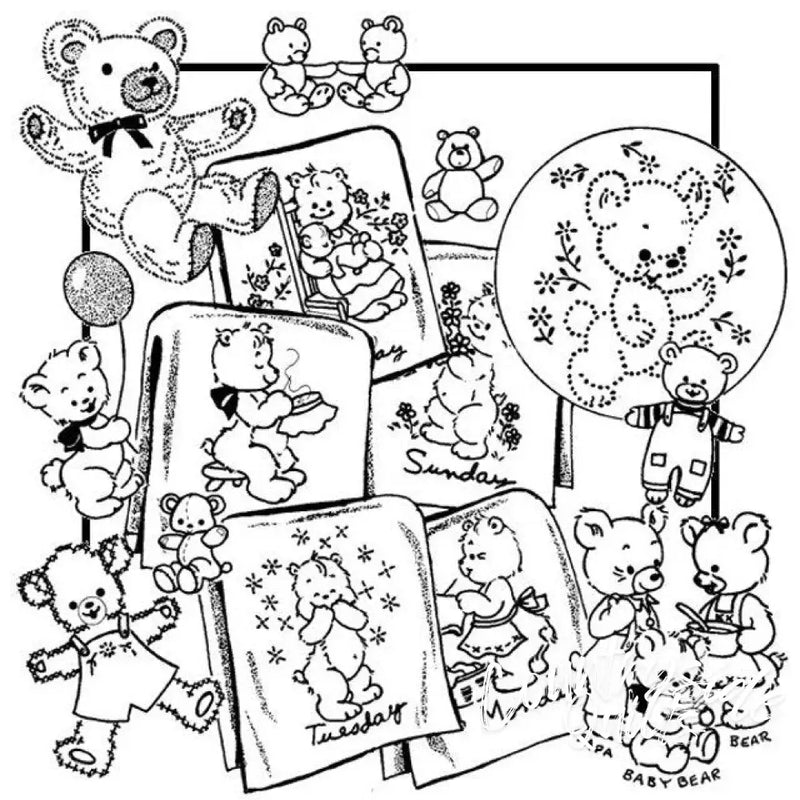 Embroidery pattern featuring lotsa bears from Aunt Martha’s® for countryside quilts