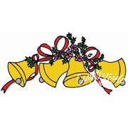 Golden Christmas bells with red ribbons from Aunt Martha’s® Bells & Holly collection