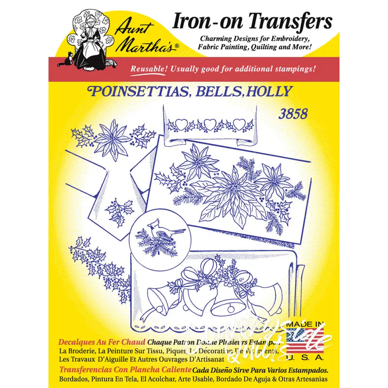 Iron-on embroidery transfer sheet for Aunt Martha’s® Bells & Holly design, perfect for Countryside Quilts