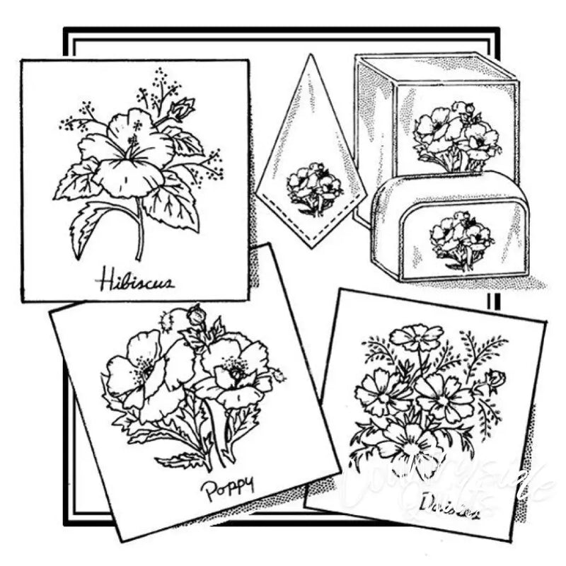 Floral embroidery patterns featuring poppy daisies on Aunt Marthas® countryside quilts