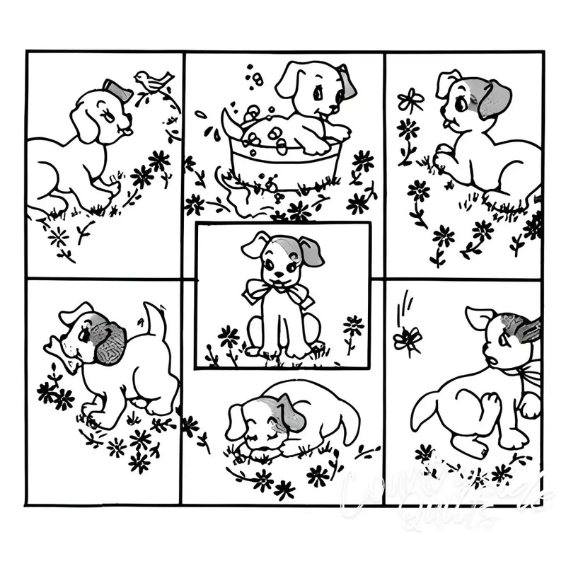 Cartoon puppy tile design from Aunt Marthas Puppy Tales countryside quilts collection