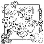 Whimsical animals from Aunt Martha’s® #3891 decorated with hearts and flowers