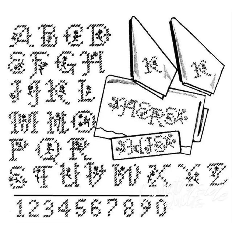 Cross stitch alphabet and numbers from Aunt Martha’s® #3904 for countryside quilts
